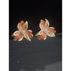 A62 Shell Clip On Earrings With Flex, Pearl Centerpiece Vintage Hawaiian style